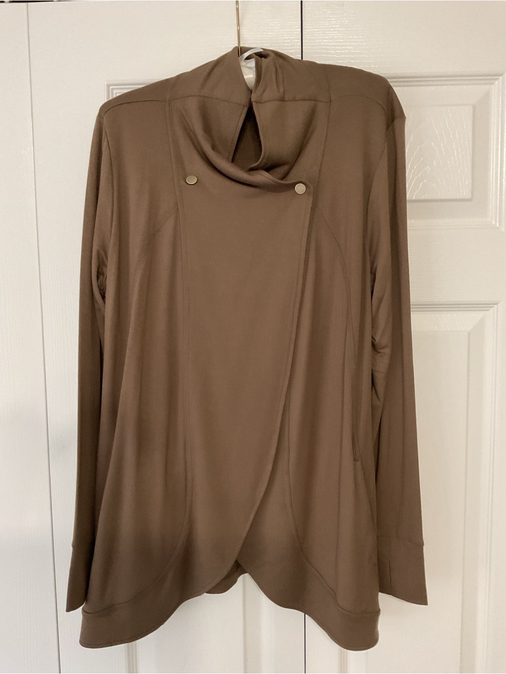 Susan Graver French Terry Taupe Long-Sleeve Draped Front Top